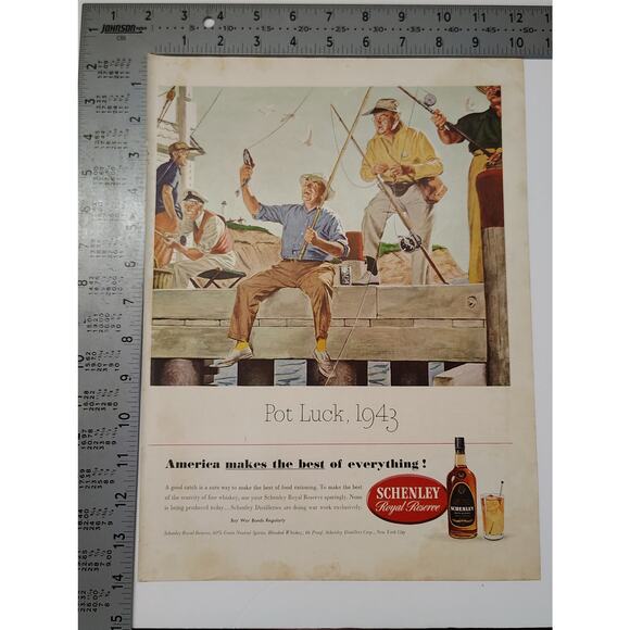 1943 Schenley Reserve Whiskey Print Ad Pot Luck Fishing Dock Scene 1940s Ephemer - Picture 3 of 7